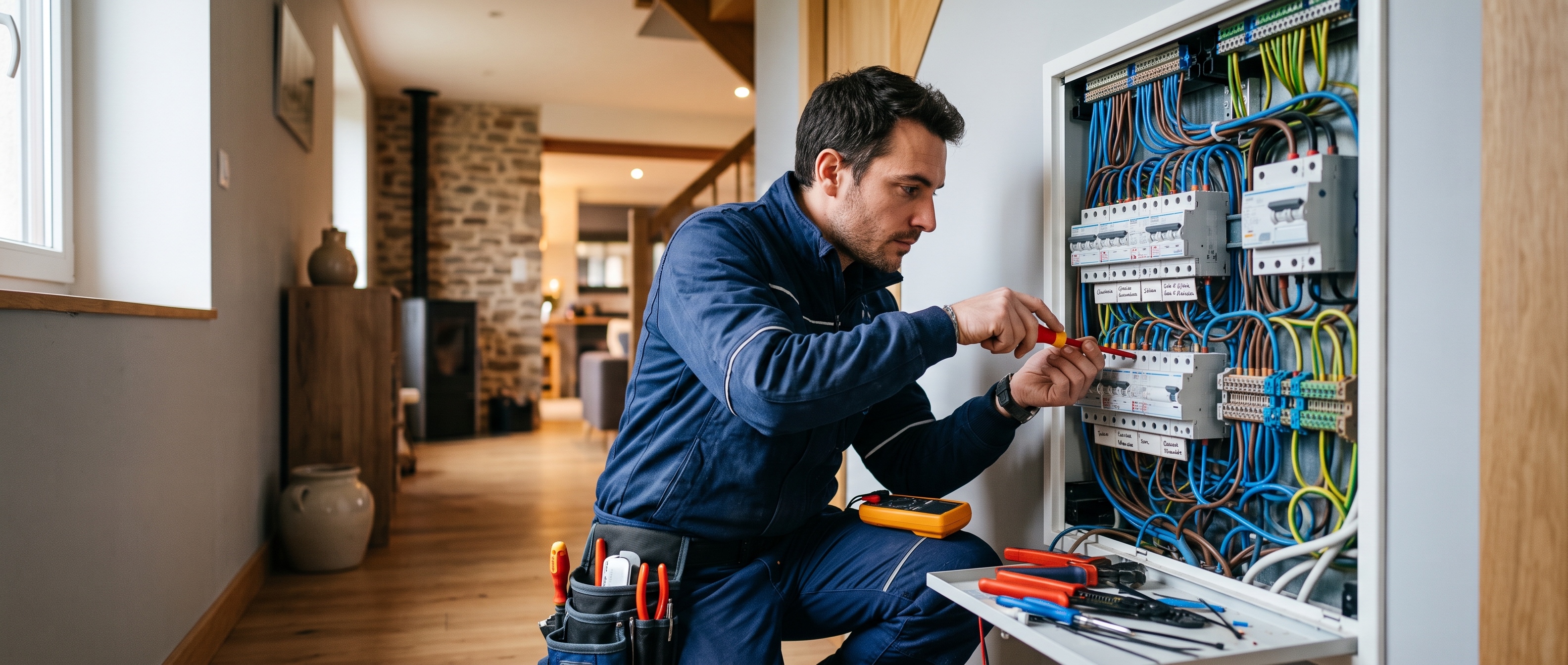 Électricien Chevalier Électricité intervenant sur un tableau électrique
